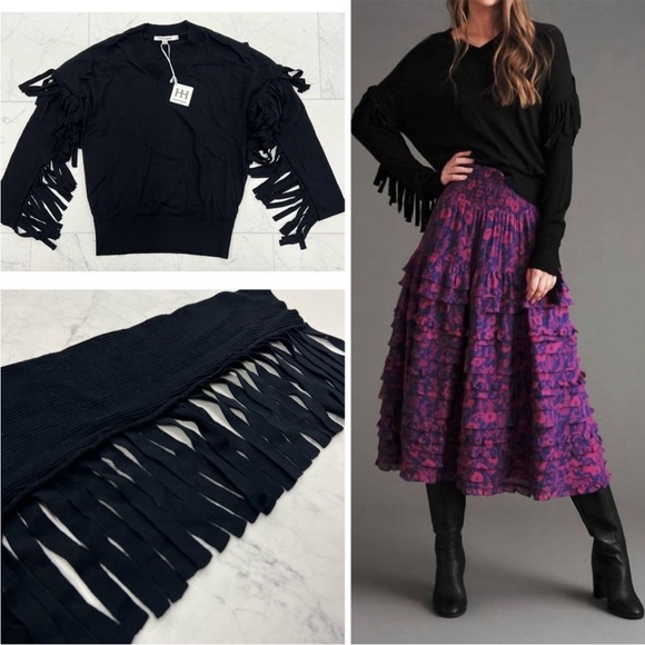 NWT Haute Hippie Lola Fringe V-Neck Sweater Black Size XS